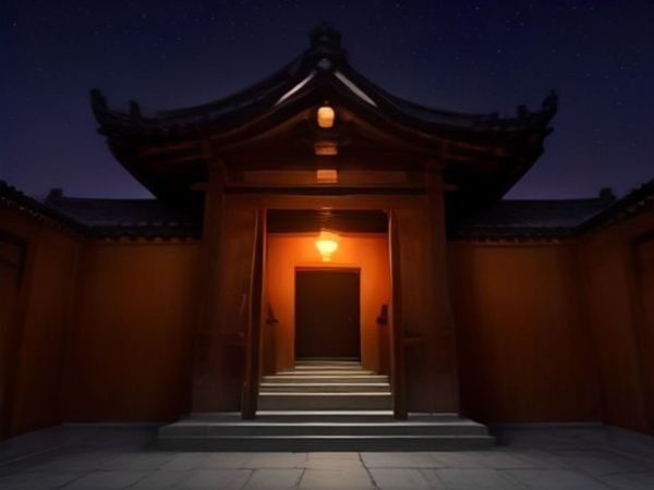 夜晚的办公室，窗外城市灯光，屏幕上是内容库界面